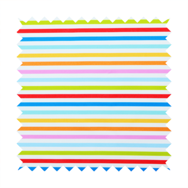 A white fabric patterned with horizontal, hand-drawn multi-coloured stripes in pink, blue, green, red, yellow, and orange that feature a slight, organic waviness.   