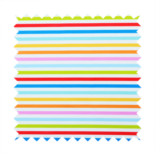 A white fabric patterned with horizontal, hand-drawn multi-coloured stripes in pink, blue, green, red, yellow, and orange that feature a slight, organic waviness.   
