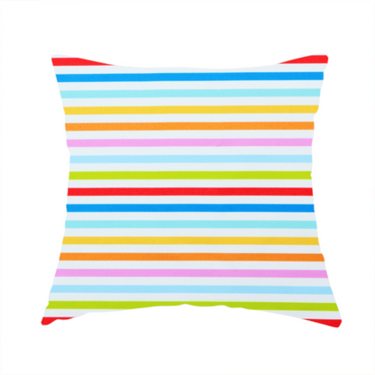 The fabric used to create this handmade cushion is a white fabric patterned with horizontal, hand-drawn multi-coloured stripes in pink, blue, green, red, yellow, and orange that feature a slight, organic waviness.   