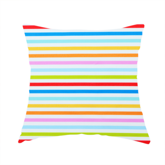 The fabric used to create this handmade cushion is a white fabric patterned with horizontal, hand-drawn multi-coloured stripes in pink, blue, green, red, yellow, and orange that feature a slight, organic waviness.   