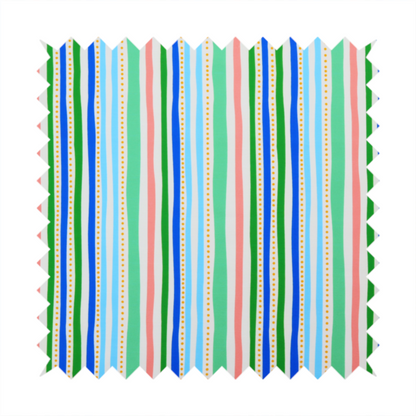 A white fabric patterned with vertical, hand-drawn multi-coloured stripes in green, blue, pink, and light blue alongside dotted lines that feature an organic waviness.