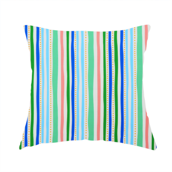 The fabric used to create this handmade cushion is a white fabric patterned with vertical, hand-drawn multi-coloured stripes in green, blue, pink, and light blue alongside dotted lines that feature an organic waviness.