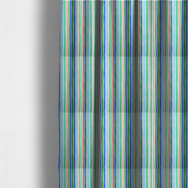 The fabric used to create these made-to-measure curtains is a white fabric patterned with vertical, hand-drawn multi-coloured stripes in green, blue, pink, and light blue alongside dotted lines that feature an organic waviness.