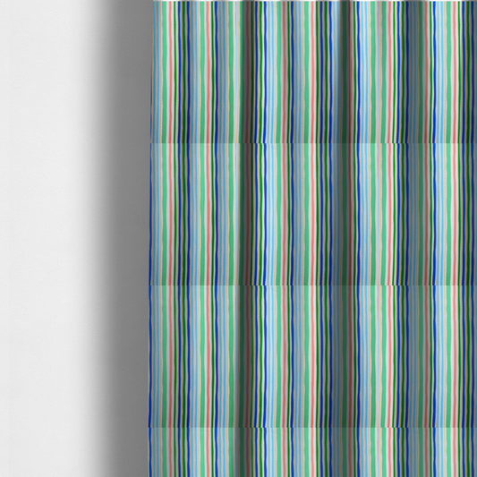 The fabric used to create these made-to-measure curtains is a white fabric patterned with vertical, hand-drawn multi-coloured stripes in green, blue, pink, and light blue alongside dotted lines that feature an organic waviness.