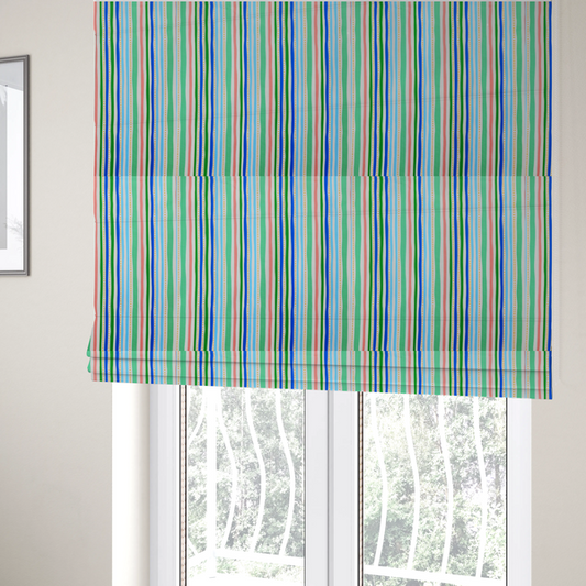 The fabric used to create these Roman blinds is a white fabric patterned with vertical, hand-drawn multi-coloured stripes in green, blue, pink, and light blue alongside dotted lines that feature an organic waviness.