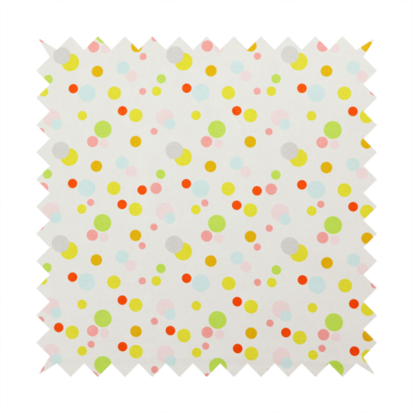 A subtle fabric pattern featuring scattered pastel and bright polka dots in shades of yellow, orange, light green, grey, and soft blue on a white background.