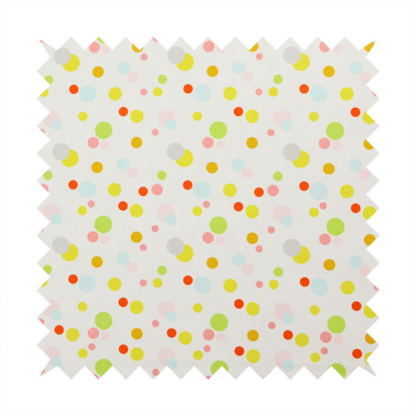 A subtle fabric pattern featuring scattered pastel and bright polka dots in shades of yellow, orange, light green, grey, and soft blue on a white background.