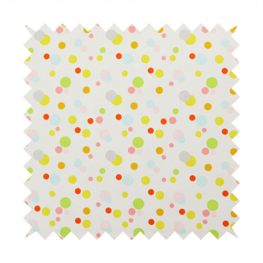 A subtle fabric pattern featuring scattered pastel and bright polka dots in shades of yellow, orange, light green, grey, and soft blue on a white background.