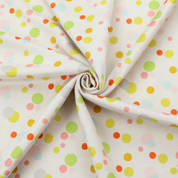 A subtle fabric pattern featuring scattered pastel and bright polka dots in shades of yellow, orange, light green, grey, and soft blue on a white background.