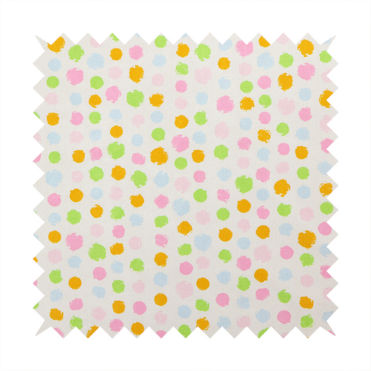 A whimsical fabric pattern featuring scattered painterly dots in soft shades of pink, yellow, lime green, and light blue on a white background.