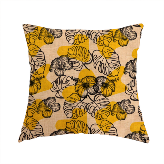 Yellow & Black Floral Pattern Print Upholstery Fabric DP-95 - Handmade Cushions