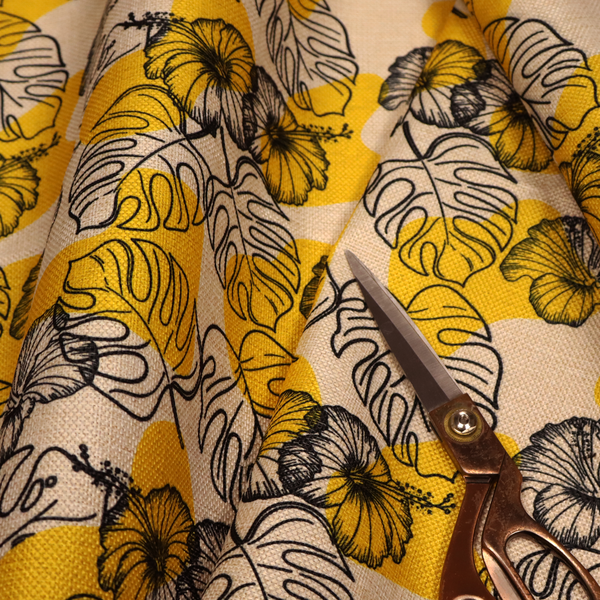 Yellow & Black Floral Pattern Print Upholstery Fabric DP-95