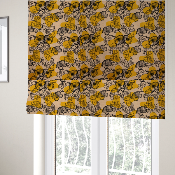 Yellow & Black Floral Pattern Print Upholstery Fabric DP-95 - Roman Blinds