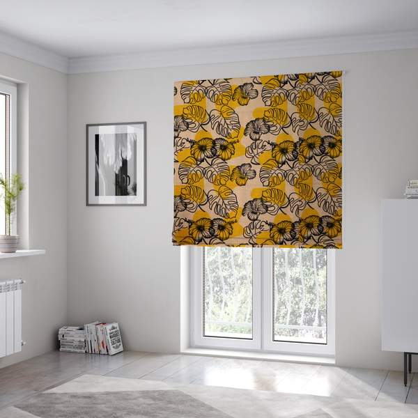 Yellow & Black Floral Pattern Print Upholstery Fabric DP-95 - Roman Blinds