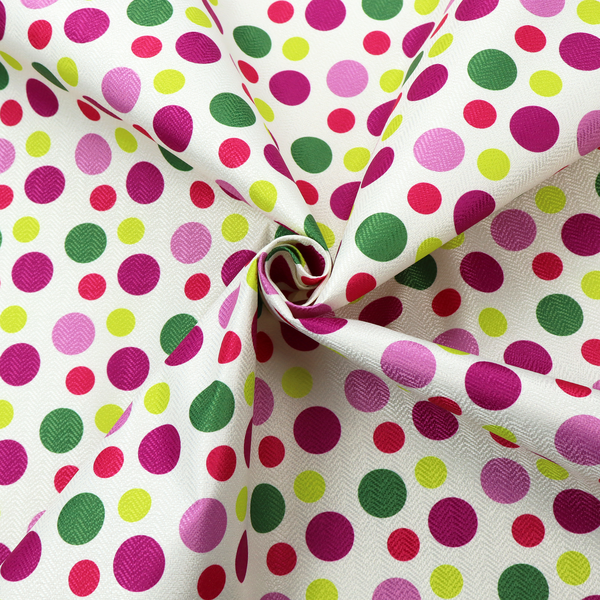 A playful fabric pattern featuring neat vertical rows of alternating polka dots in shades of magenta, pink, green, and lime on a white background.
