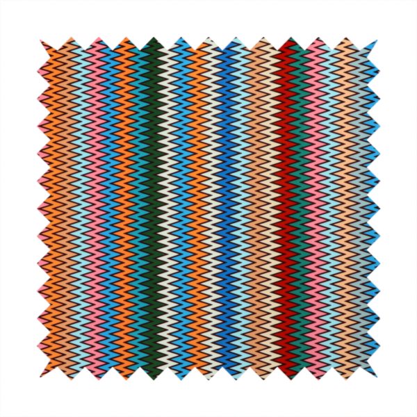 A vibrant fabric pattern featuring tight vertical rows of colourful zigzag lines in shades of orange, pink, blue, red, green, and beige.