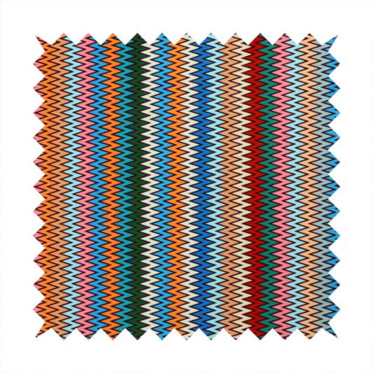 A vibrant fabric pattern featuring tight vertical rows of colourful zigzag lines in shades of orange, pink, blue, red, green, and beige.