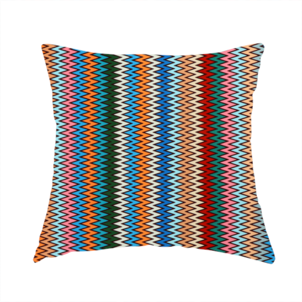 The fabric used to create this handmade cushion is a vibrant fabric pattern featuring tight vertical rows of colourful zigzag lines in shades of orange, pink, blue, red, green, and beige.