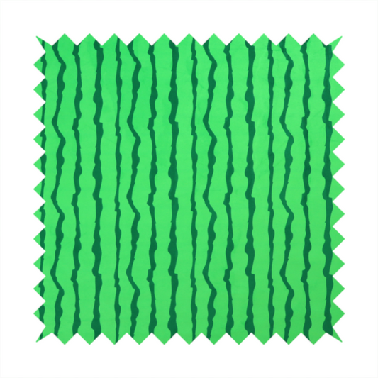 A playful fabric pattern featuring vertical wavy dark green stripes running across a bright green background.