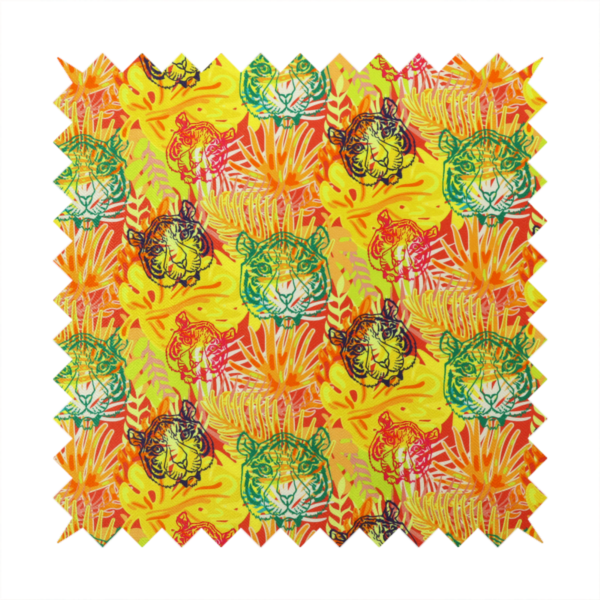 The image features a vibrant, repeating tropical pattern set against a bright yellow and orange background. The design is filled with stylized jungle foliage, including overlapping palm fronds and leaves. Interspersed throughout the pattern are illustrative tiger faces rendered in different colours, including striking shades of green, dark blue, and pinkish-red.   