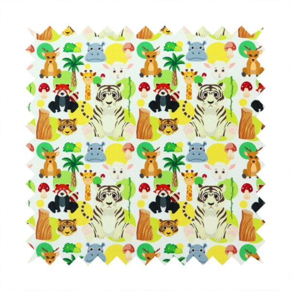 The image features a playful, repeating pattern of various cartoon animals and jungle elements on a light background. The design includes tigers, deer, red pandas, giraffes, hippos, sheep, palm trees, and mushrooms.