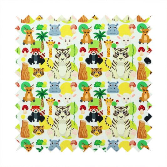 The image features a playful, repeating pattern of various cartoon animals and jungle elements on a light background. The design includes tigers, deer, red pandas, giraffes, hippos, sheep, palm trees, and mushrooms.