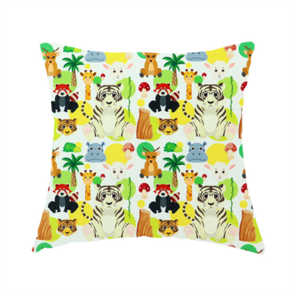 The fabric used to create this handmade cushion features a playful, repeating pattern of various cartoon animals and jungle elements on a light background. The design includes tigers, deer, red pandas, giraffes, hippos, sheep, palm trees, and mushrooms.