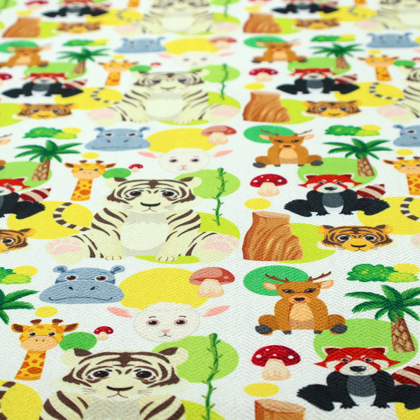 The image features a playful, repeating pattern of various cartoon animals and jungle elements on a light background. The design includes tigers, deer, red pandas, giraffes, hippos, sheep, palm trees, and mushrooms.