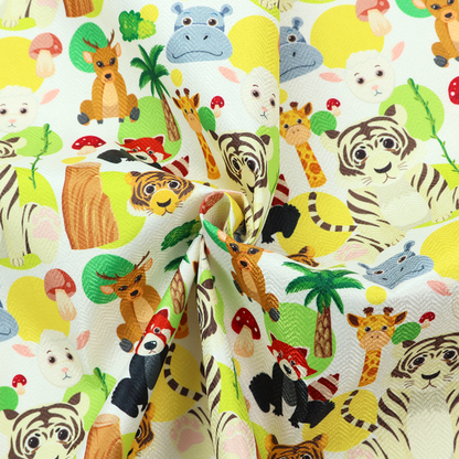 The image features a playful, repeating pattern of various cartoon animals and jungle elements on a light background. The design includes tigers, deer, red pandas, giraffes, hippos, sheep, palm trees, and mushrooms.