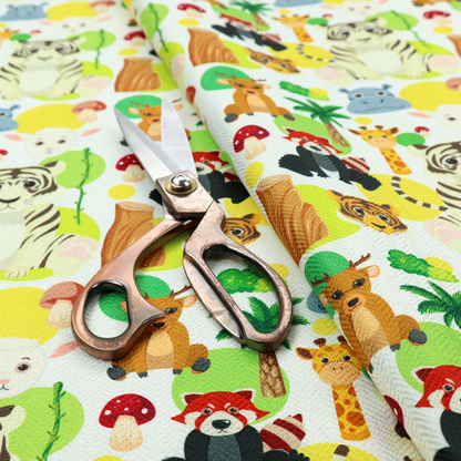 The image features a playful, repeating pattern of various cartoon animals and jungle elements on a light background. The design includes tigers, deer, red pandas, giraffes, hippos, sheep, palm trees, and mushrooms.