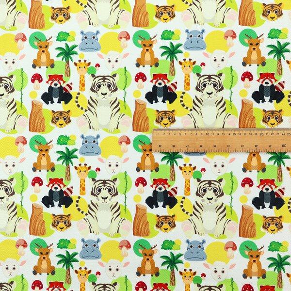 The image features a playful, repeating pattern of various cartoon animals and jungle elements on a light background. The design includes tigers, deer, red pandas, giraffes, hippos, sheep, palm trees, and mushrooms.