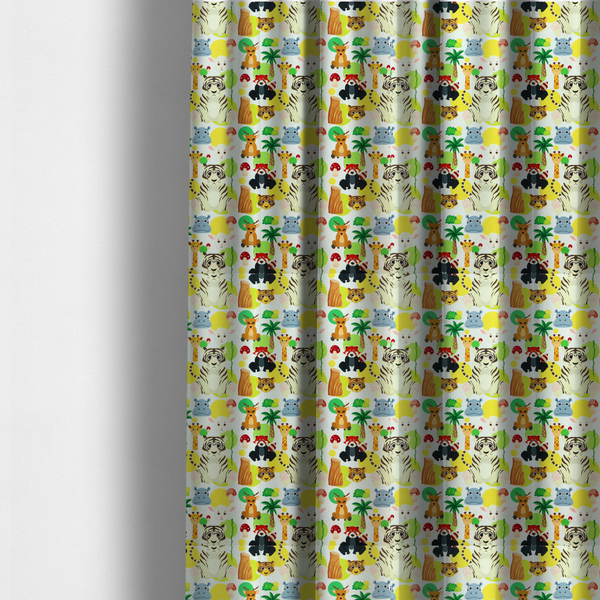The fabric used to create these made-to-measure curtains features a playful, repeating pattern of various cartoon animals and jungle elements on a light background. The design includes tigers, deer, red pandas, giraffes, hippos, sheep, palm trees, and mushrooms.