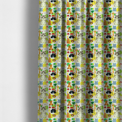 The fabric used to create these made-to-measure curtains features a playful, repeating pattern of various cartoon animals and jungle elements on a light background. The design includes tigers, deer, red pandas, giraffes, hippos, sheep, palm trees, and mushrooms.