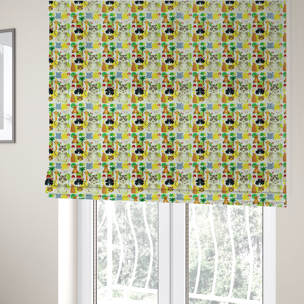 The fabric used to create these Roman blinds features a playful, repeating pattern of various cartoon animals and jungle elements on a light background. The design includes tigers, deer, red pandas, giraffes, hippos, sheep, palm trees, and mushrooms.