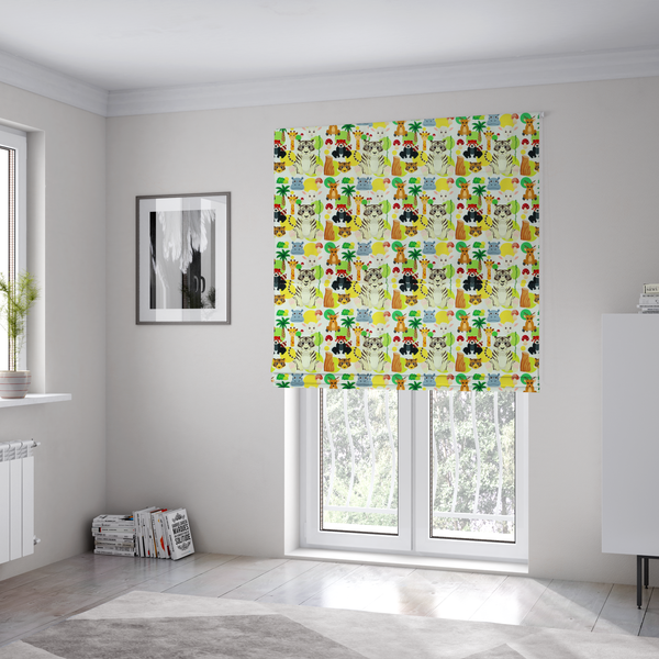 The fabric used to create these Roman blinds features a playful, repeating pattern of various cartoon animals and jungle elements on a light background. The design includes tigers, deer, red pandas, giraffes, hippos, sheep, palm trees, and mushrooms.