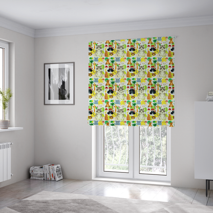 The fabric used to create these Roman blinds features a playful, repeating pattern of various cartoon animals and jungle elements on a light background. The design includes tigers, deer, red pandas, giraffes, hippos, sheep, palm trees, and mushrooms.