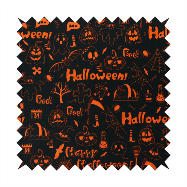 The image features a Halloween-themed repeating pattern set against a black background. The design is filled with spooky orange illustrations, including jack-o'-lanterns, ghosts, skulls, bats, spiderwebs, tombstones, witch hats, and the text "Halloween" and "Boo!"   