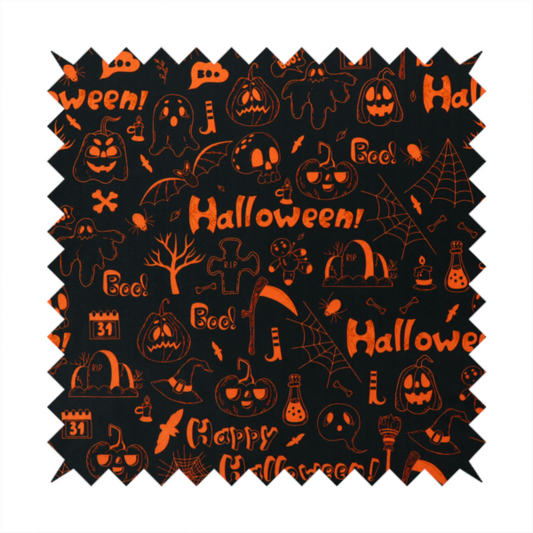 The image features a Halloween-themed repeating pattern set against a black background. The design is filled with spooky orange illustrations, including jack-o'-lanterns, ghosts, skulls, bats, spiderwebs, tombstones, witch hats, and the text "Halloween" and "Boo!"   