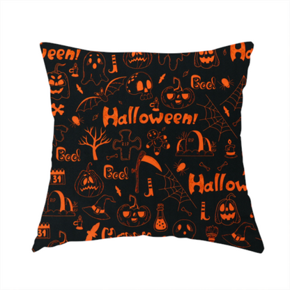 The fabric used to create this handmade cushion features a Halloween-themed repeating pattern set against a black background. The design is filled with spooky orange illustrations, including jack-o'-lanterns, ghosts, skulls, bats, spiderwebs, tombstones, witch hats, and the text "Halloween" and "Boo!"   