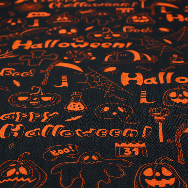 The image features a Halloween-themed repeating pattern set against a black background. The design is filled with spooky orange illustrations, including jack-o'-lanterns, ghosts, skulls, bats, spiderwebs, tombstones, witch hats, and the text "Halloween" and "Boo!"   