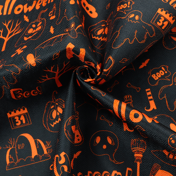 The image features a Halloween-themed repeating pattern set against a black background. The design is filled with spooky orange illustrations, including jack-o'-lanterns, ghosts, skulls, bats, spiderwebs, tombstones, witch hats, and the text "Halloween" and "Boo!"   