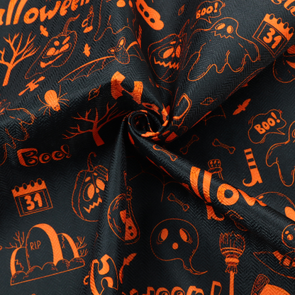 The image features a Halloween-themed repeating pattern set against a black background. The design is filled with spooky orange illustrations, including jack-o'-lanterns, ghosts, skulls, bats, spiderwebs, tombstones, witch hats, and the text "Halloween" and "Boo!"   