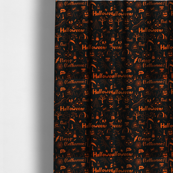 The fabric used to create these made-to-measure curtains features a Halloween-themed repeating pattern set against a black background. The design is filled with spooky orange illustrations, including jack-o'-lanterns, ghosts, skulls, bats, spiderwebs, tombstones, witch hats, and the text "Halloween" and "Boo!"   