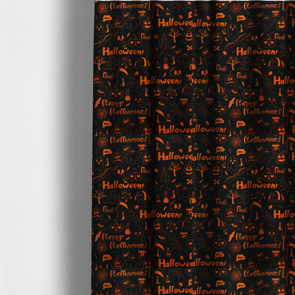 The fabric used to create these made-to-measure curtains features a Halloween-themed repeating pattern set against a black background. The design is filled with spooky orange illustrations, including jack-o'-lanterns, ghosts, skulls, bats, spiderwebs, tombstones, witch hats, and the text "Halloween" and "Boo!"   