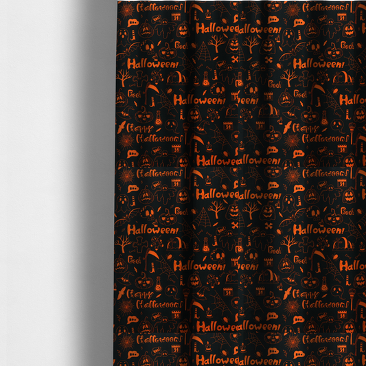 The fabric used to create these made-to-measure curtains features a Halloween-themed repeating pattern set against a black background. The design is filled with spooky orange illustrations, including jack-o'-lanterns, ghosts, skulls, bats, spiderwebs, tombstones, witch hats, and the text "Halloween" and "Boo!"   