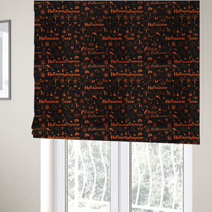 The fabric used to create these Roman blinds  features a Halloween-themed repeating pattern set against a black background. The design is filled with spooky orange illustrations, including jack-o'-lanterns, ghosts, skulls, bats, spiderwebs, tombstones, witch hats, and the text "Halloween" and "Boo!"   