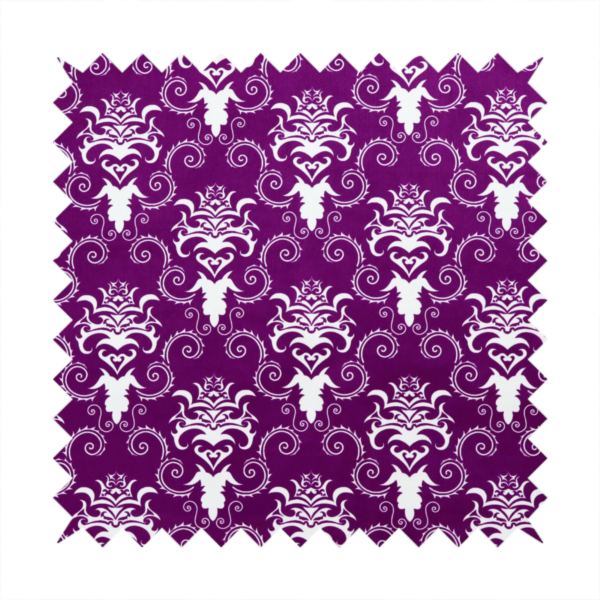The image features an ornate, repeating damask pattern in white set against a rich purple background.