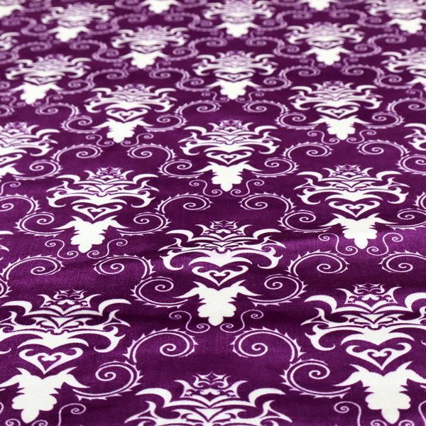 The image features an ornate, repeating damask pattern in white set against a rich purple background.