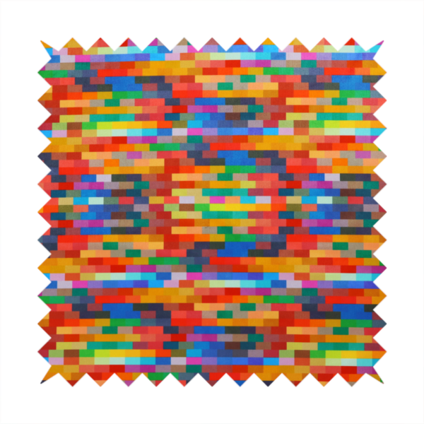 The image features a colourful, mosaic-like pattern made up of small, horizontal rectangular blocks in a wide variety of bright colours, including red, orange, yellow, blue, green, and purple.   
