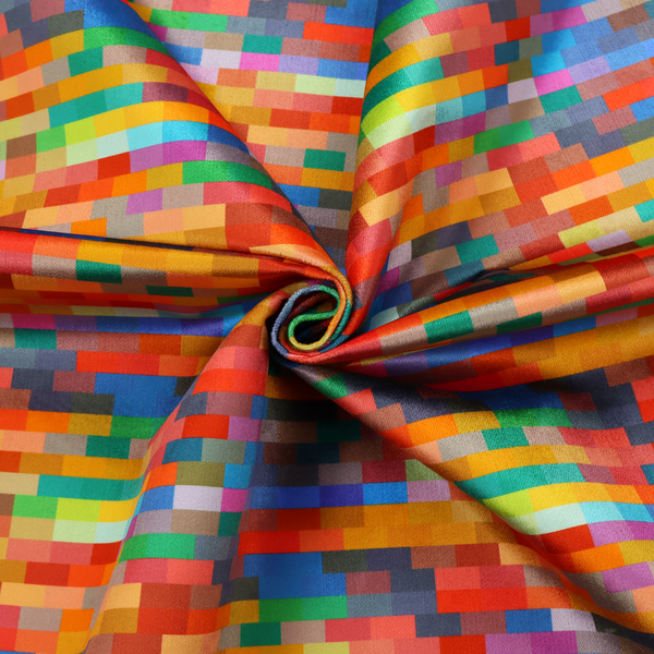 The image features a colourful, mosaic-like pattern made up of small, horizontal rectangular blocks in a wide variety of bright colours, including red, orange, yellow, blue, green, and purple.   